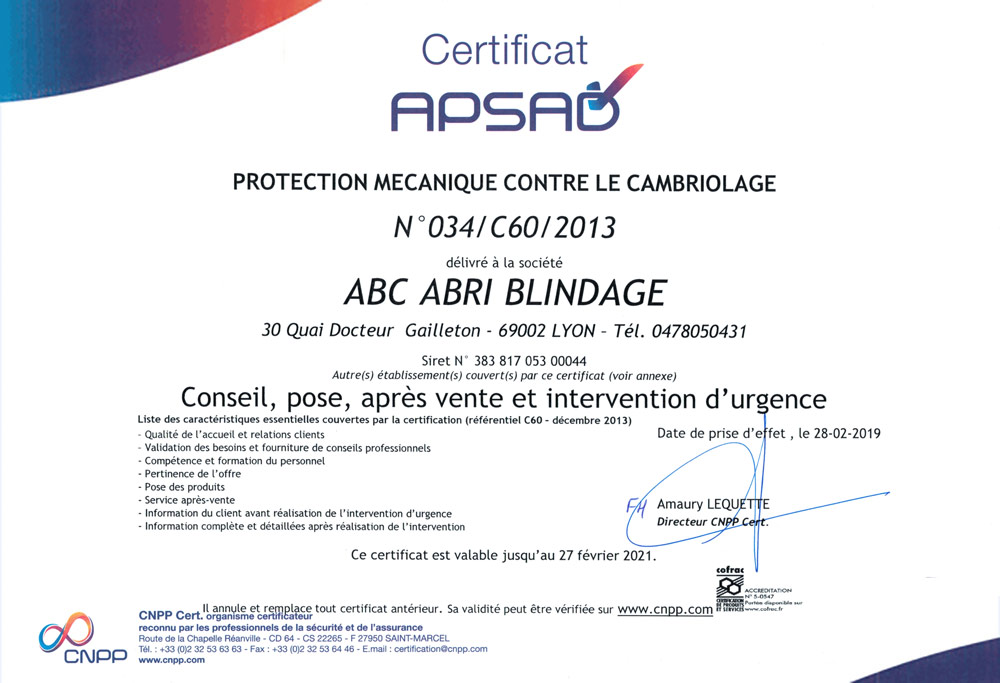 Certification Apsad A2P services